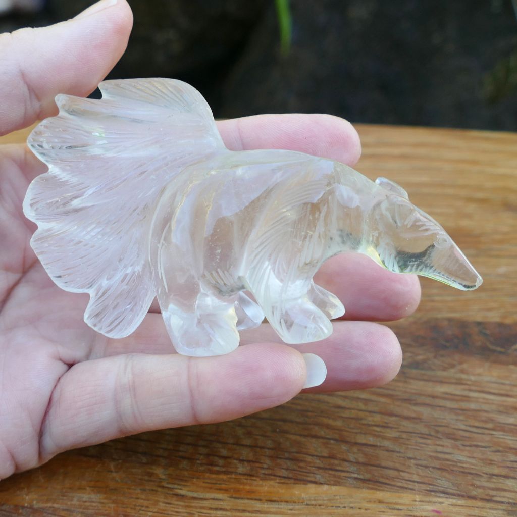 Hand carved Clear Quartz Anteater crystal carving with detailed tail and natural transparent quartz features.