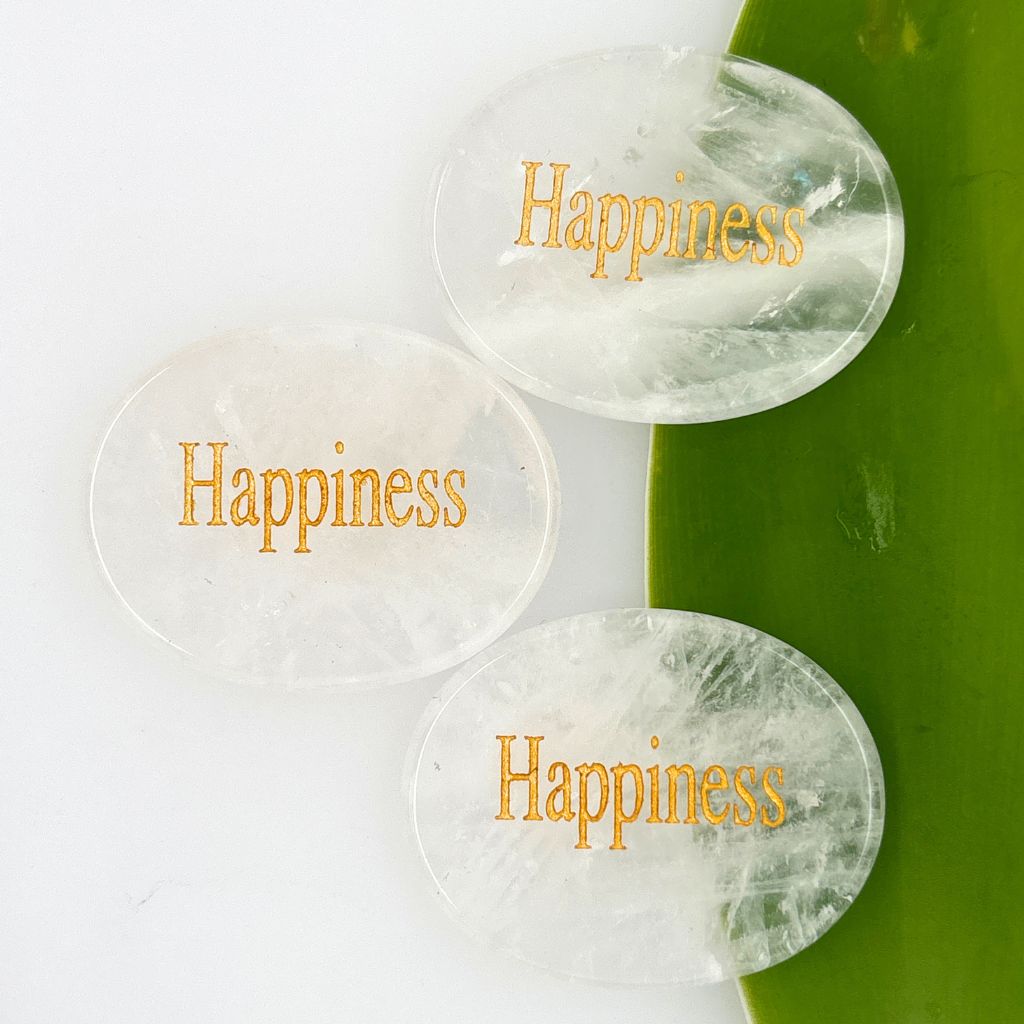 Clear Quartz Happiness Palm Stone with gold engraving 45mm