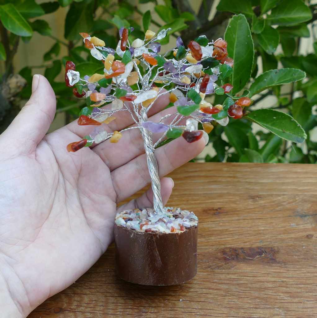 mixed crystal gem tree on wood base