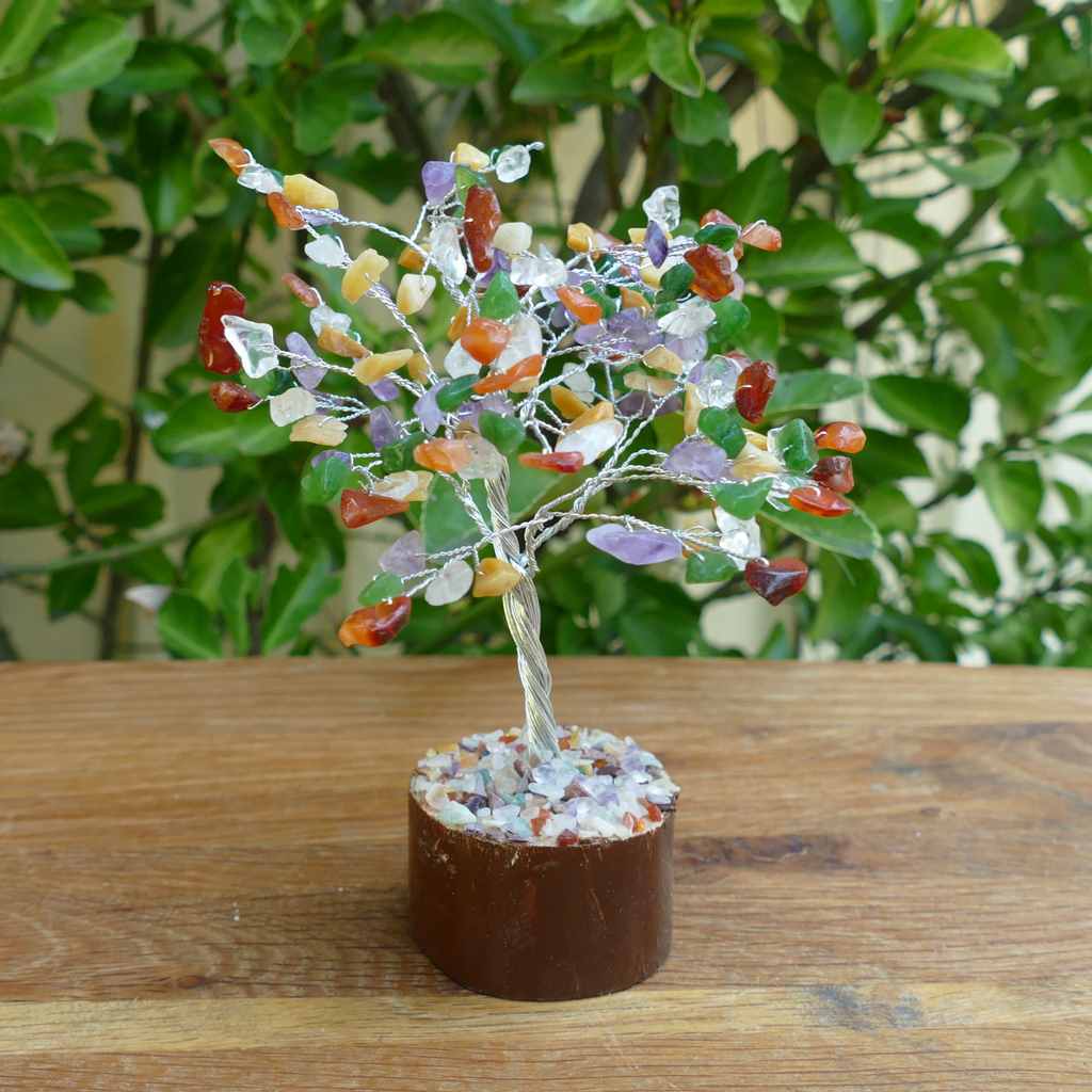 mixed crystal gem tree on wood base