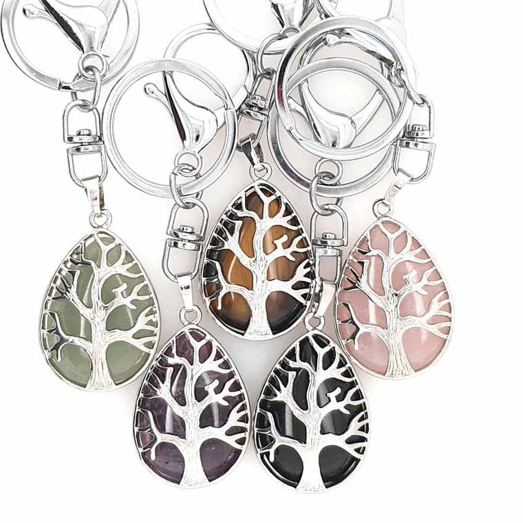 Tree of Life Crystal Keyrings with Natural Healing Crystals