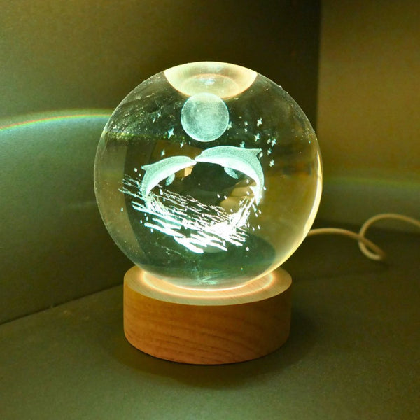 Dolphin Moon Crystal Ball with LED Light Base - Rotating Colours