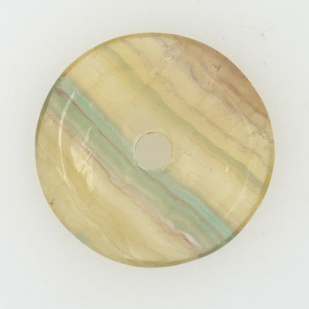 Natural Rainbow Fluorite donut pendant with green, purple and cream banding, polished into a traditional Pi disc shape.
