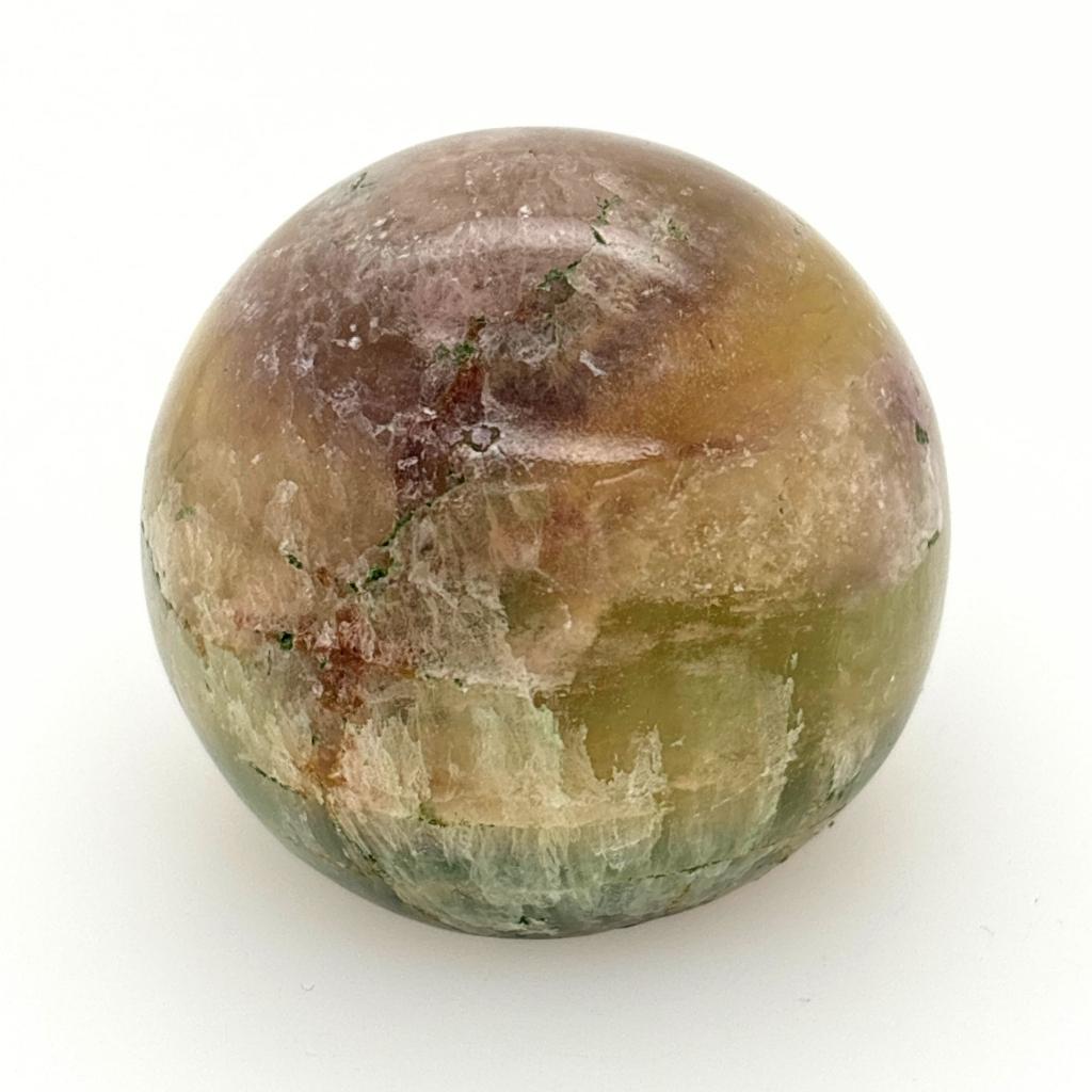 Polished Fluorite crystal sphere with green, gold and lavender natural banding and flat cut base for display