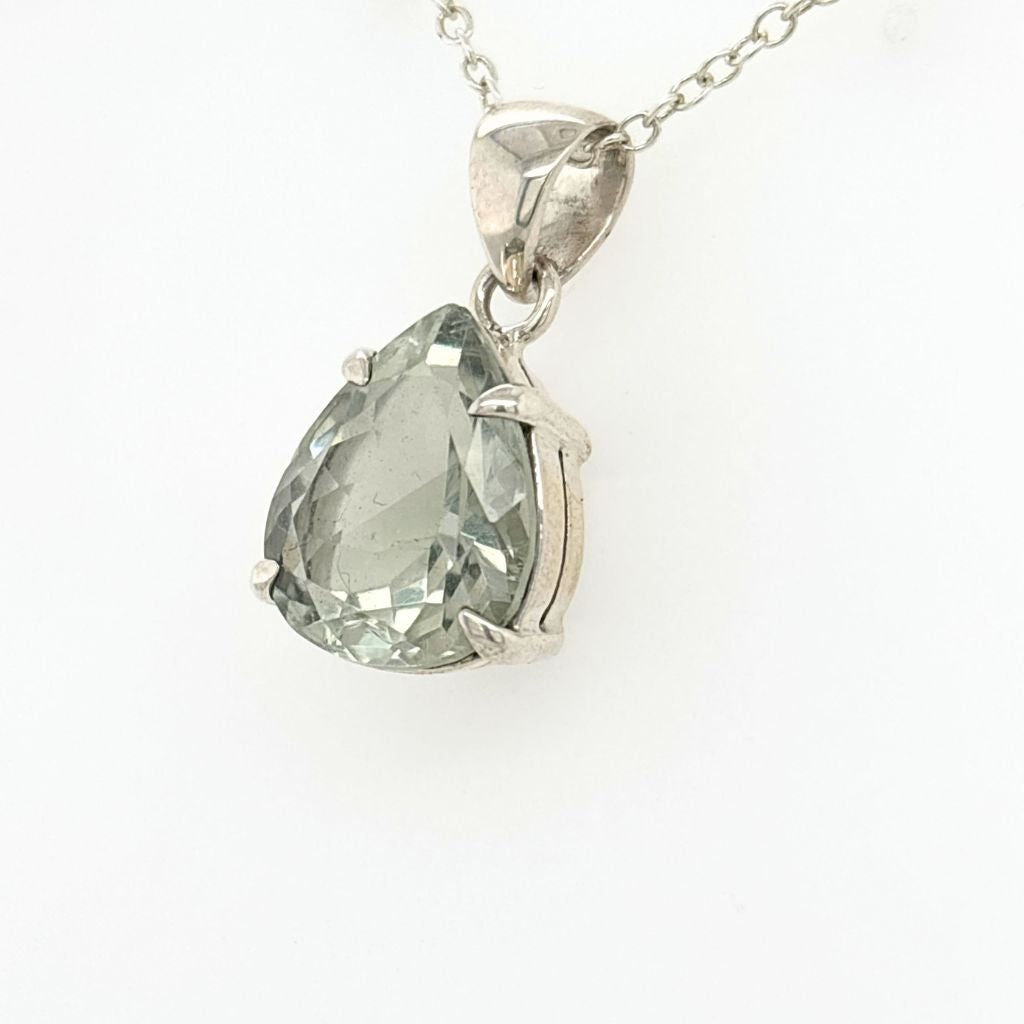 Faceted Green Amethyst Prasiolite teardrop pendant set in 925 sterling silver