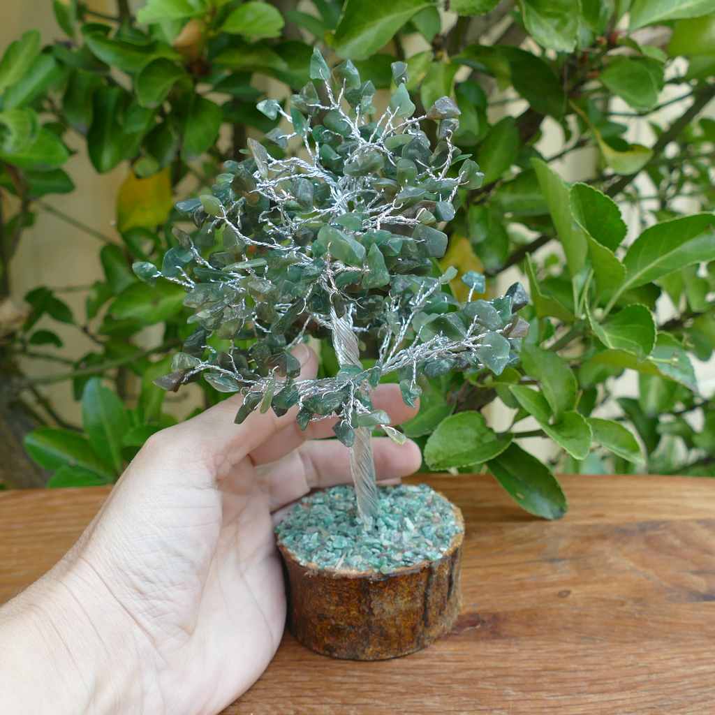 green aventurine crystal gem tree wood base