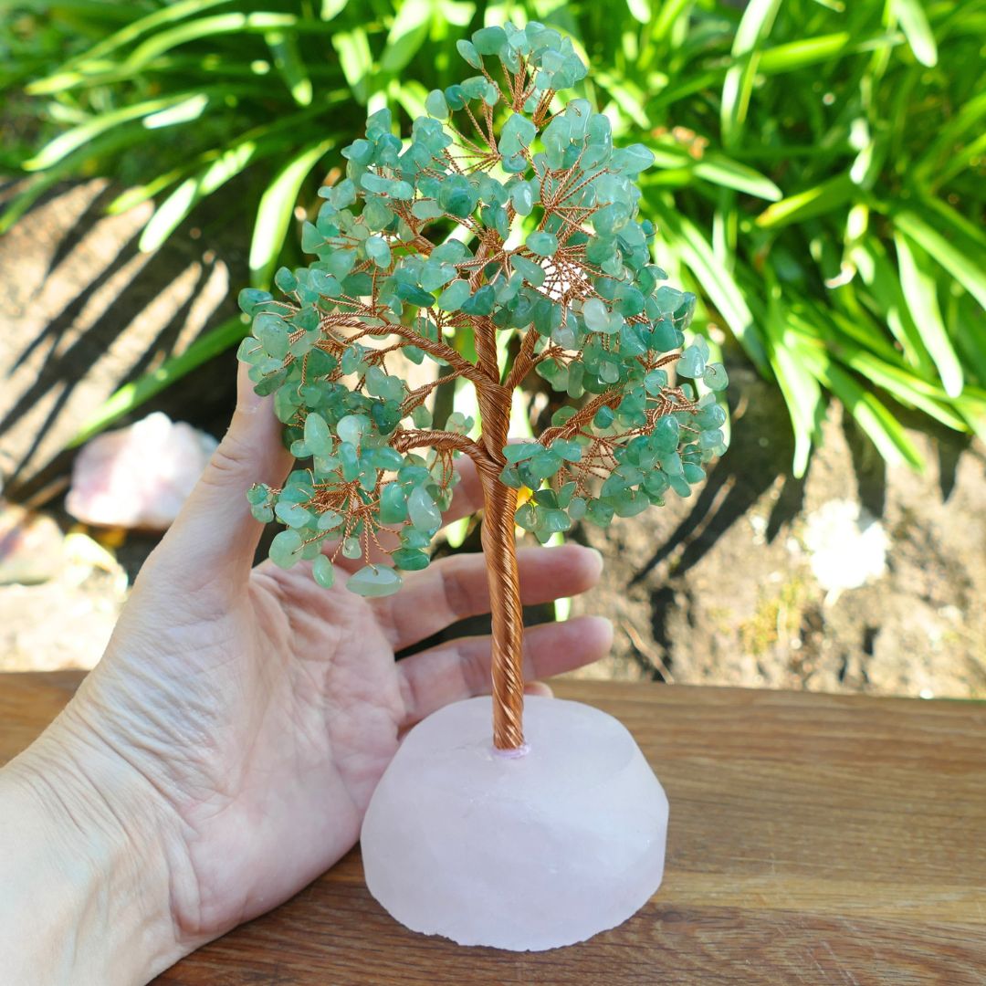 Green Aventurine Crystal Gem Tree on Rose Quartz Base