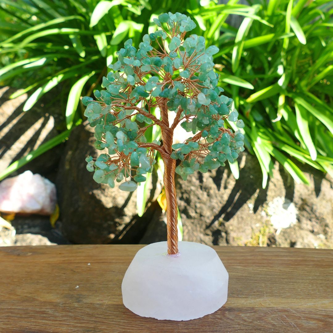 Green Aventurine Crystal Gem Tree on Rose Quartz Base