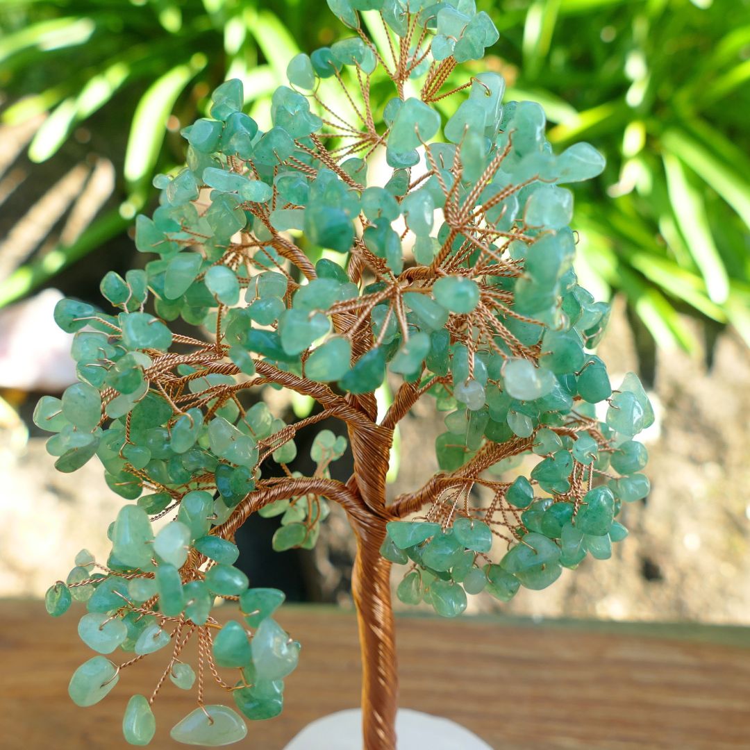 Green Aventurine Crystal Gem Tree on Rose Quartz Base