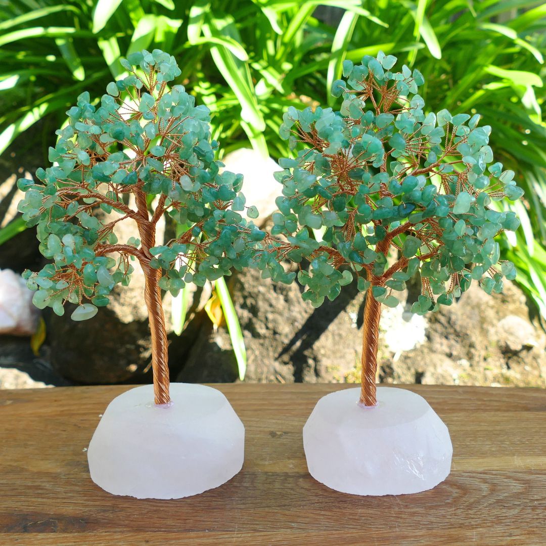 Green Aventurine Crystal Gem Tree on Rose Quartz Base
