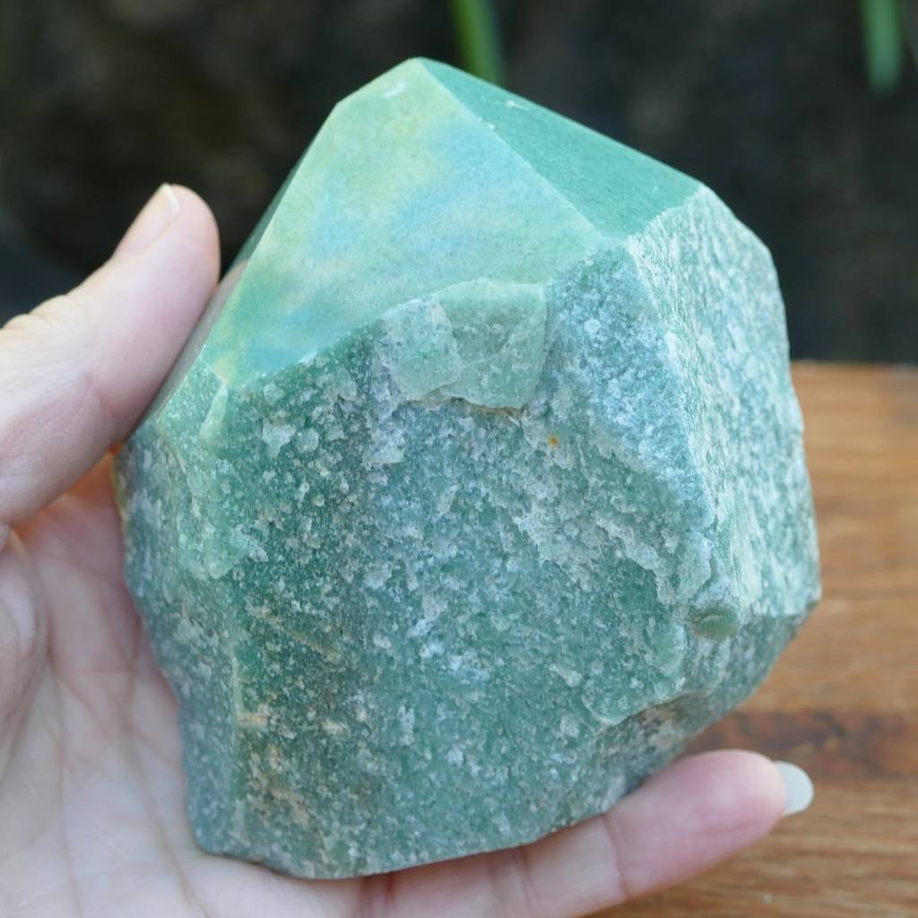 Natural Green Aventurine crystal point with rough raw base and polished point