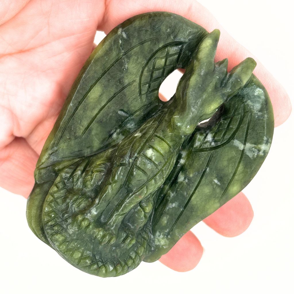 Green Jade Standing Dragon Carving | Crystal Dragon Statue