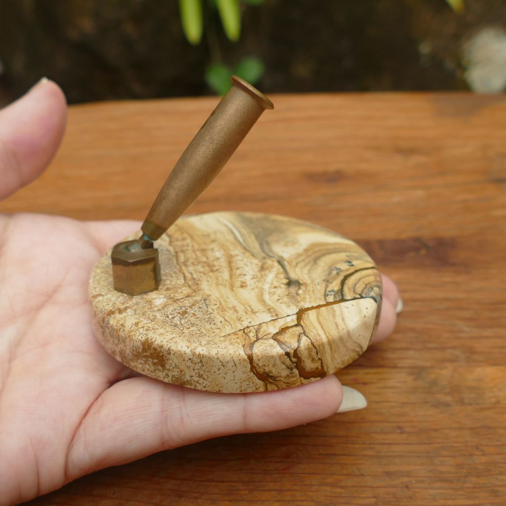 Picture Jasper Pen Holder with Brass Stand