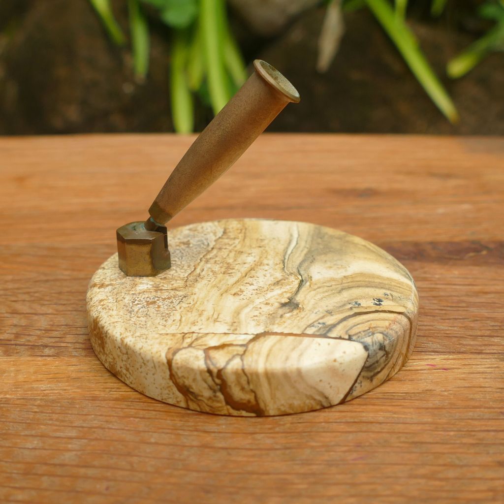 Picture Jasper Pen Holder with Brass Stand