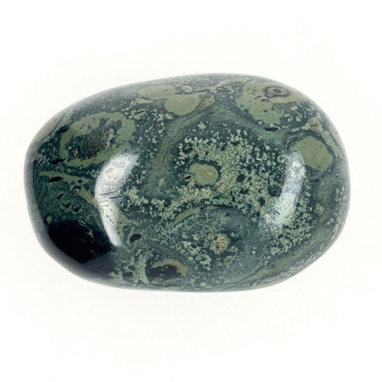 Natural Kambaba Jasper polished pebble with green and black orb patterns