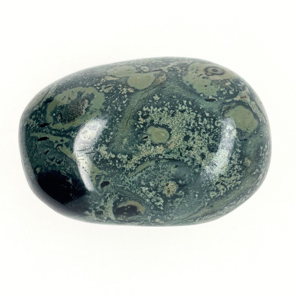 Natural Kambaba Jasper polished pebble with green and black orb patterns