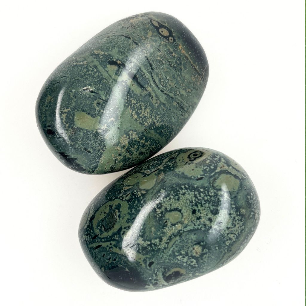 Natural Kambaba Jasper polished pebble with green and black orb patterns