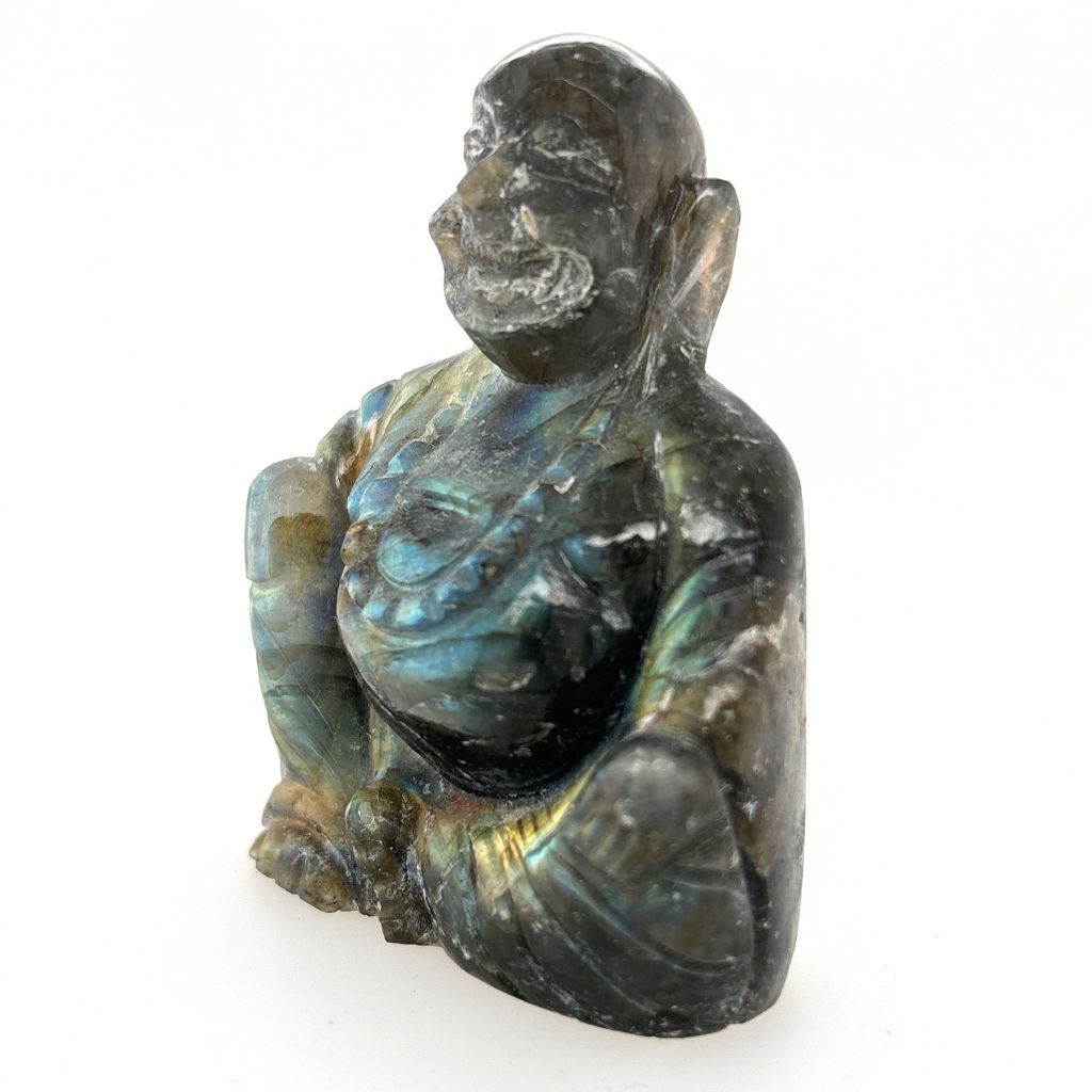 Natural Labradorite Buddha carving showing blue and golden flashes