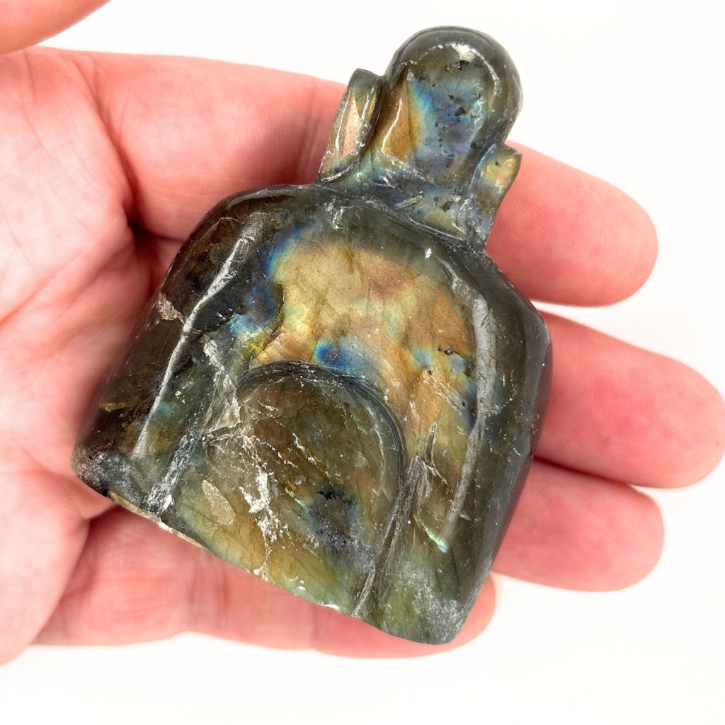 Natural Labradorite Buddha carving showing blue and golden flashes