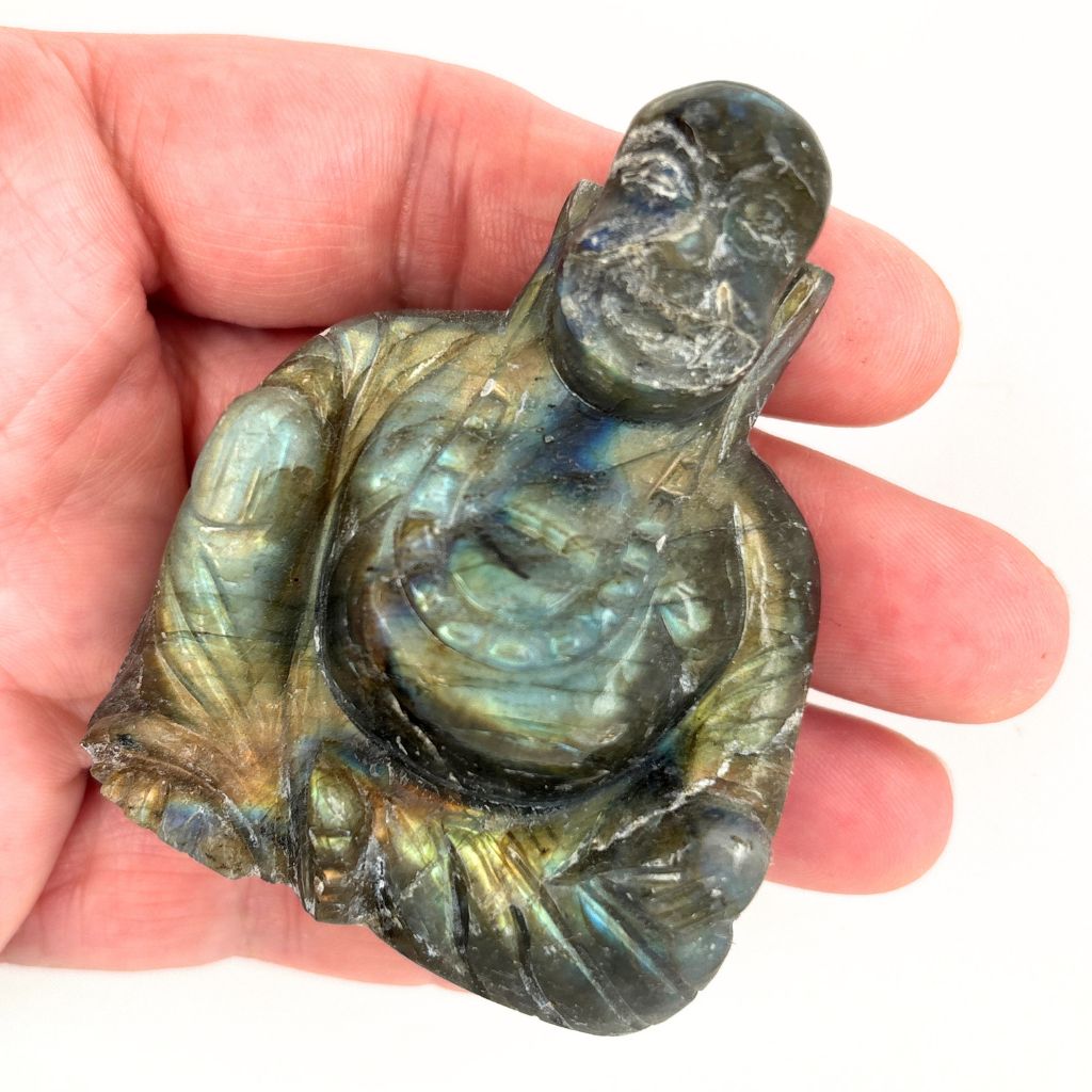 Natural Labradorite Buddha carving showing blue and golden flashes