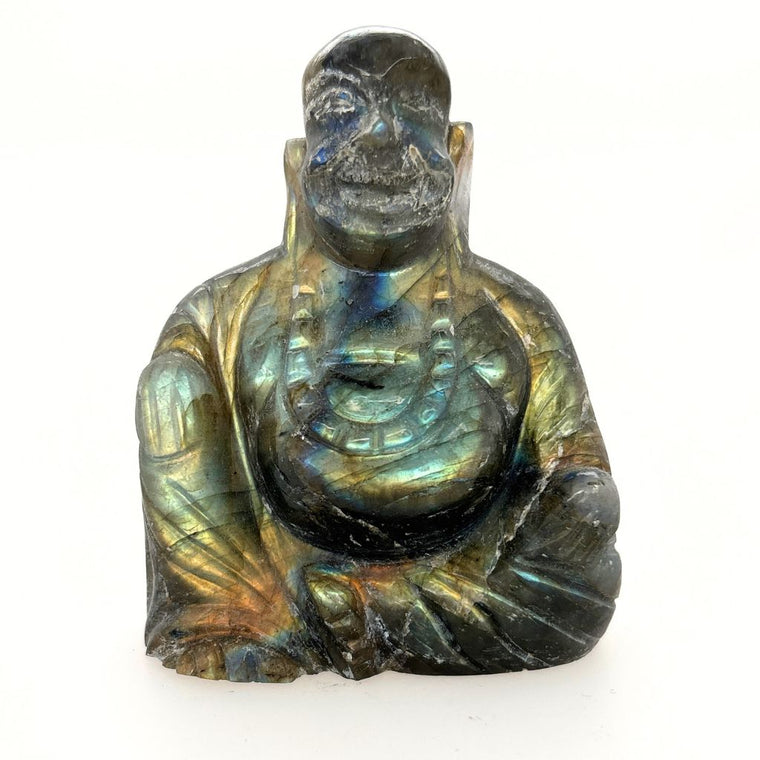 Natural Labradorite Buddha carving showing blue and golden flashes