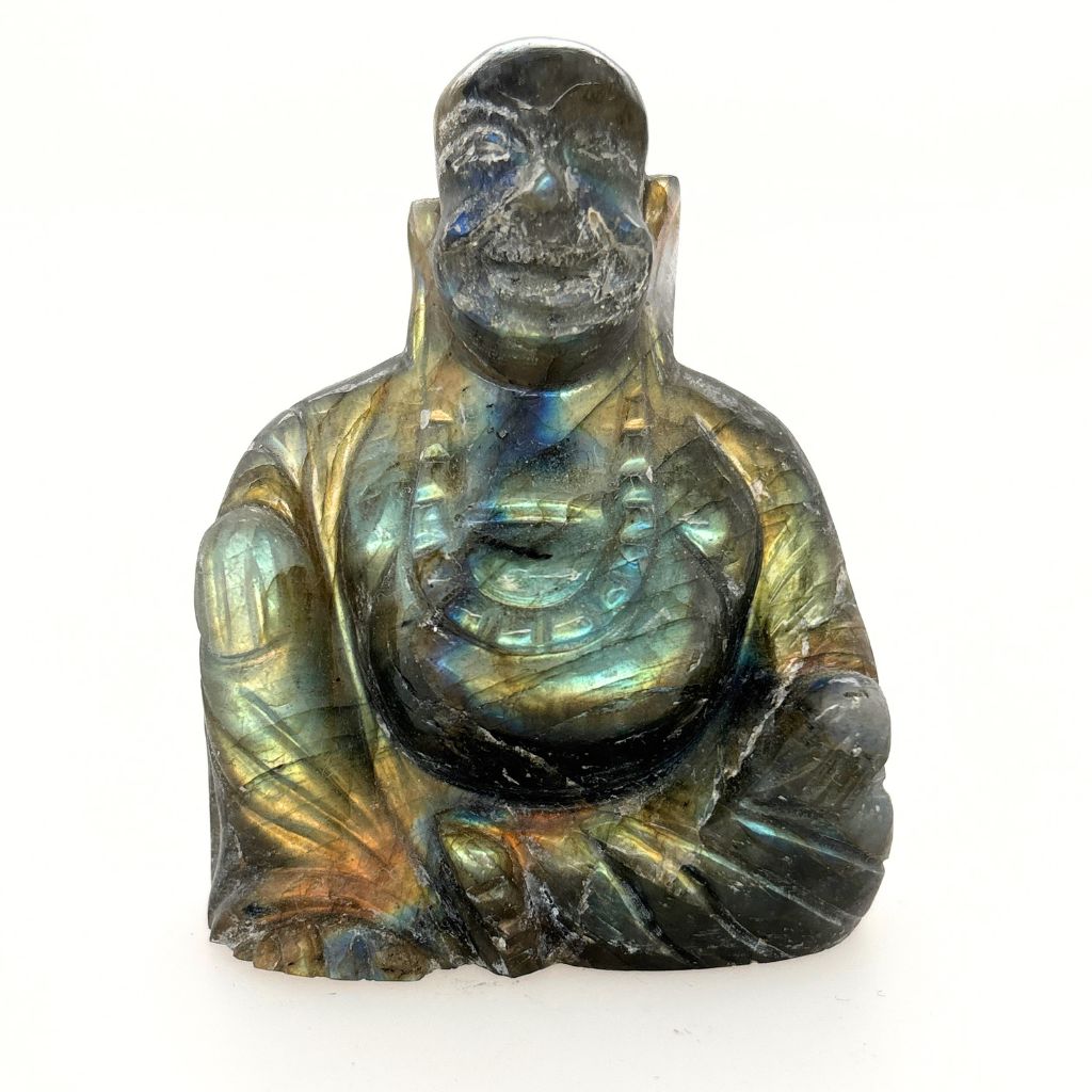 Natural Labradorite Buddha carving showing blue and golden flashes