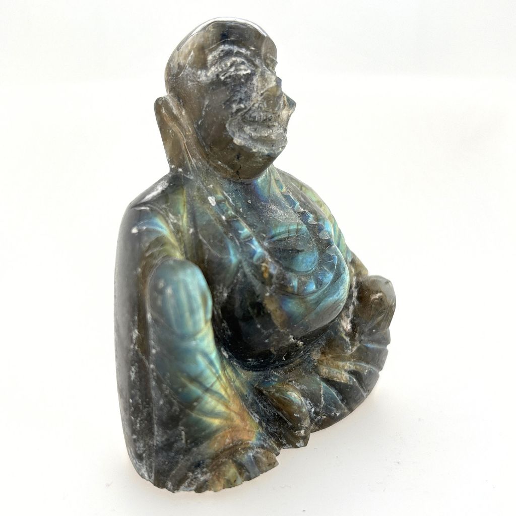Natural Labradorite Buddha carving showing blue and golden flashes