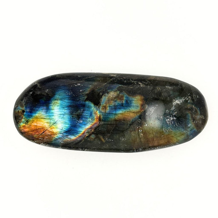 Natural Labradorite Palm Stone 68g with dark polished surface