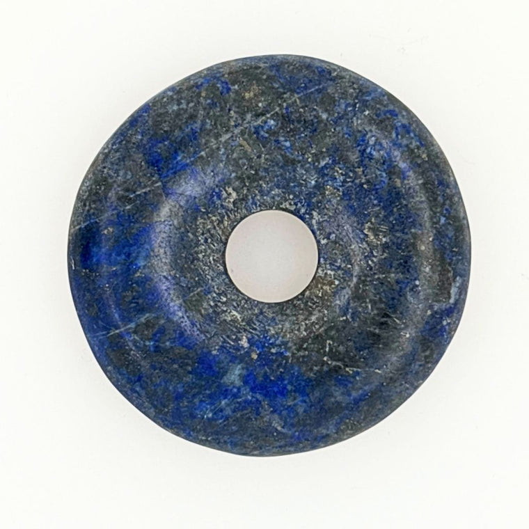 33mm natural Lapis Lazuli donut pendant with deep royal blue colouring, natural pyrite inclusions and polished Pi Disc design.