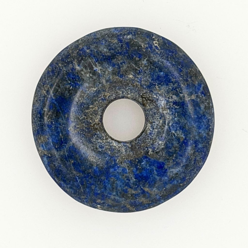 33mm natural Lapis Lazuli donut pendant with deep royal blue colouring, natural pyrite inclusions and polished Pi Disc design.