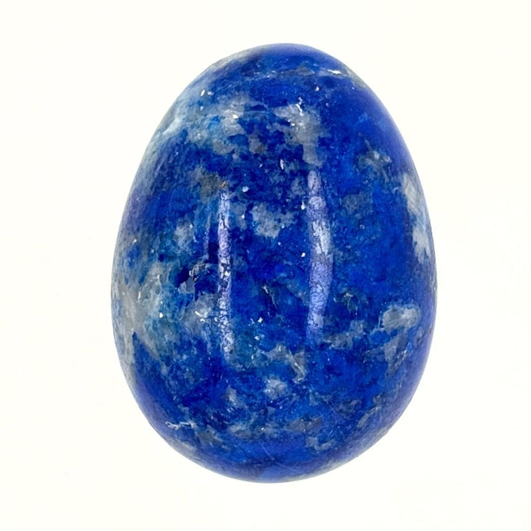 Polished Lapis Lazuli crystal egg with deep blue and white natural patterns