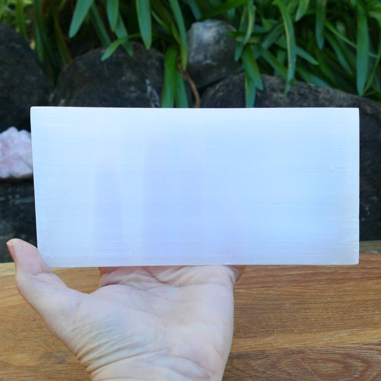 Large rectangular natural selenite crystal charging plate
