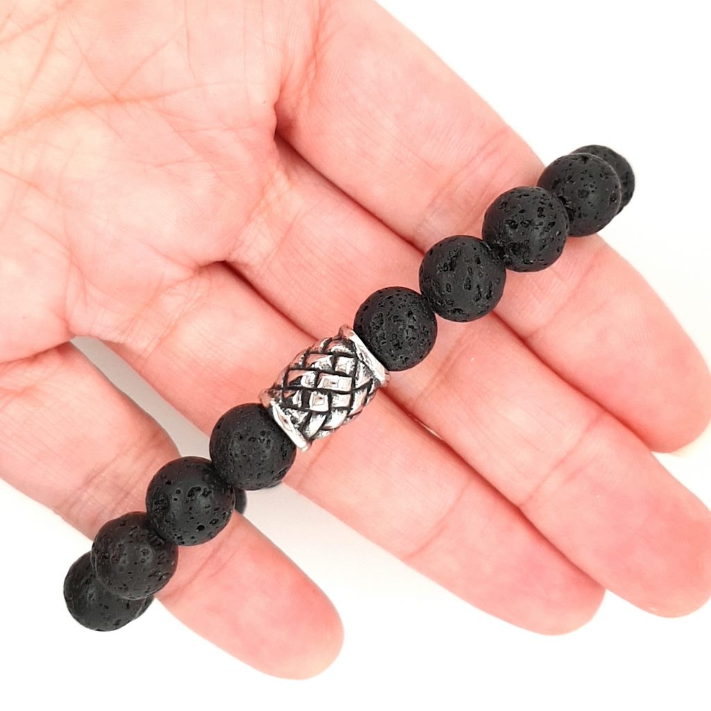 Lava Stone Bracelet with Herringbone Charm