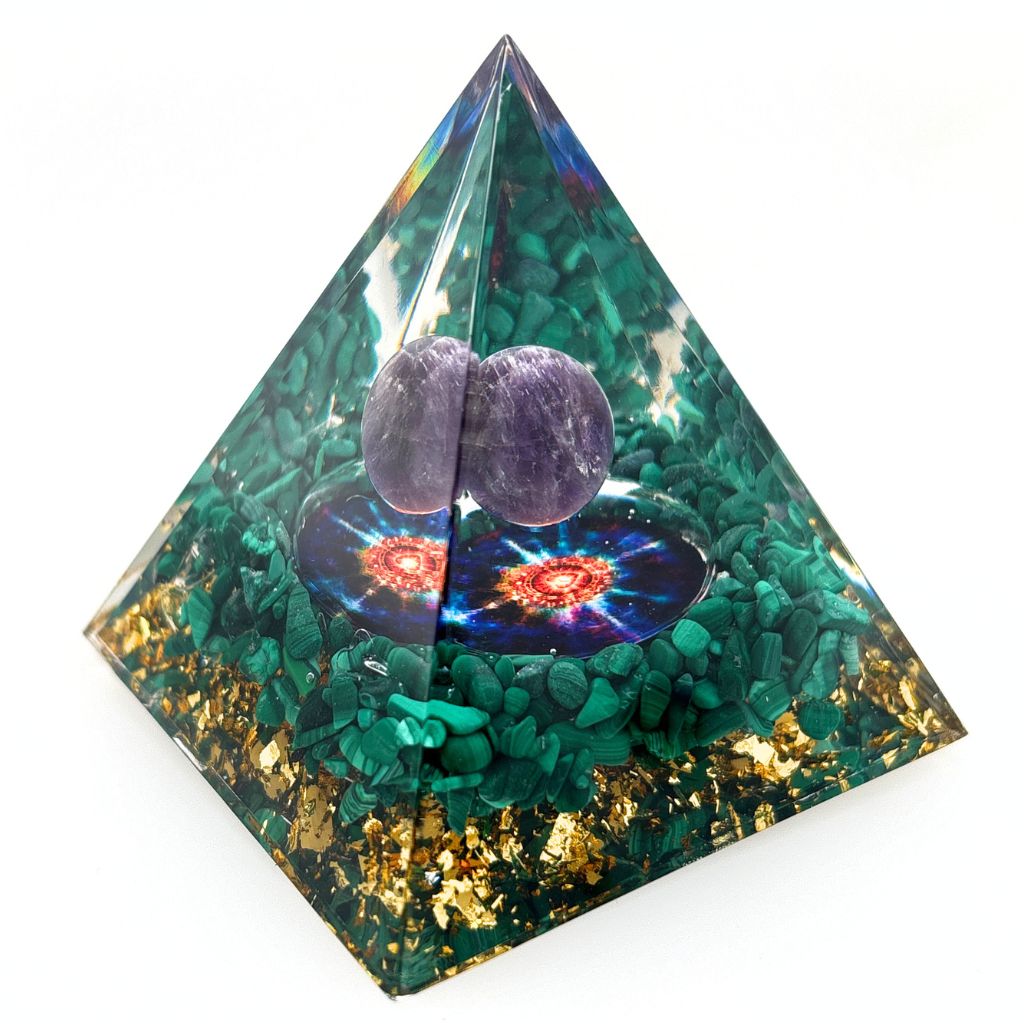 Malachite Orgone Pyramid with Amethyst Sphere 60mm
