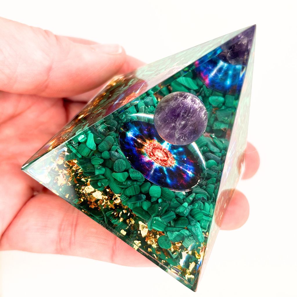 Malachite Orgone Pyramid with Amethyst Sphere 60mm