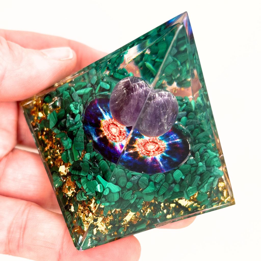 Malachite Orgone Pyramid with Amethyst Sphere 60mm