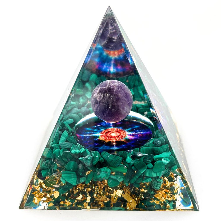 Malachite Orgone Pyramid with Amethyst Sphere 60mm