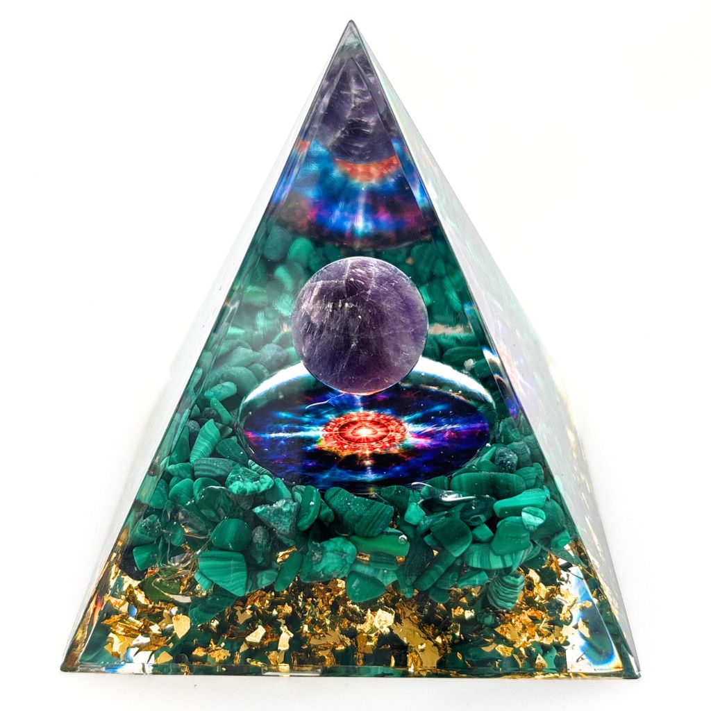 Malachite Orgone Pyramid with Amethyst Sphere 60mm