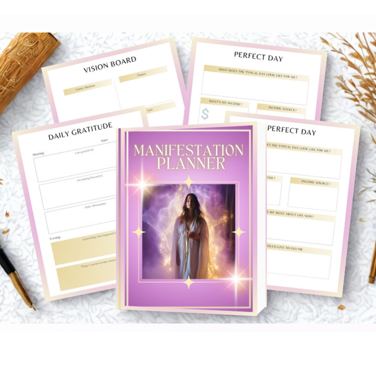 Manifestation Planner cover – law of attraction planner with vision board, affirmations and goal setting worksheets