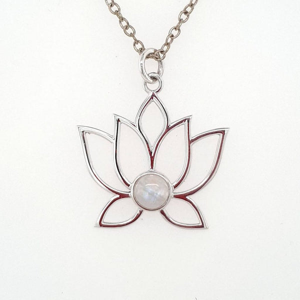 Rainbow Moonstone Pendant - Cute Lotus Flower in Sterling Silver for Women Girls