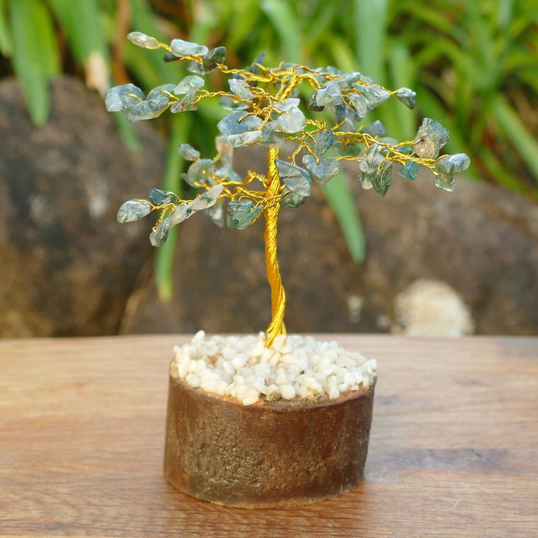 14cm Moss Agate crystal gem tree with gold wire branches and natural green crystal chips