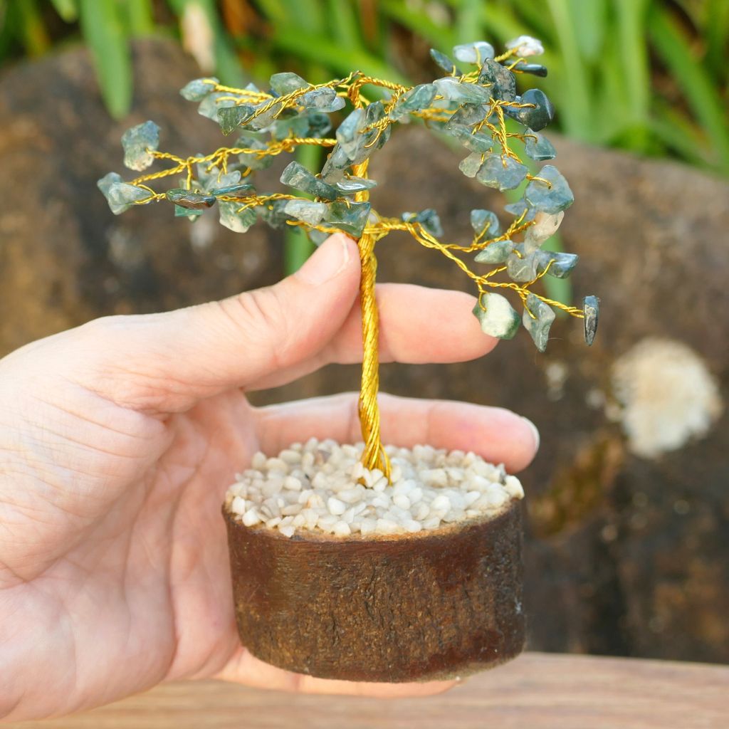 14cm Moss Agate crystal gem tree with gold wire branches and natural green crystal chips