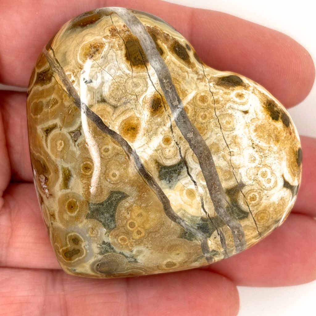 Polished Ocean Jasper Heart with natural orbicular patterns and brown banding