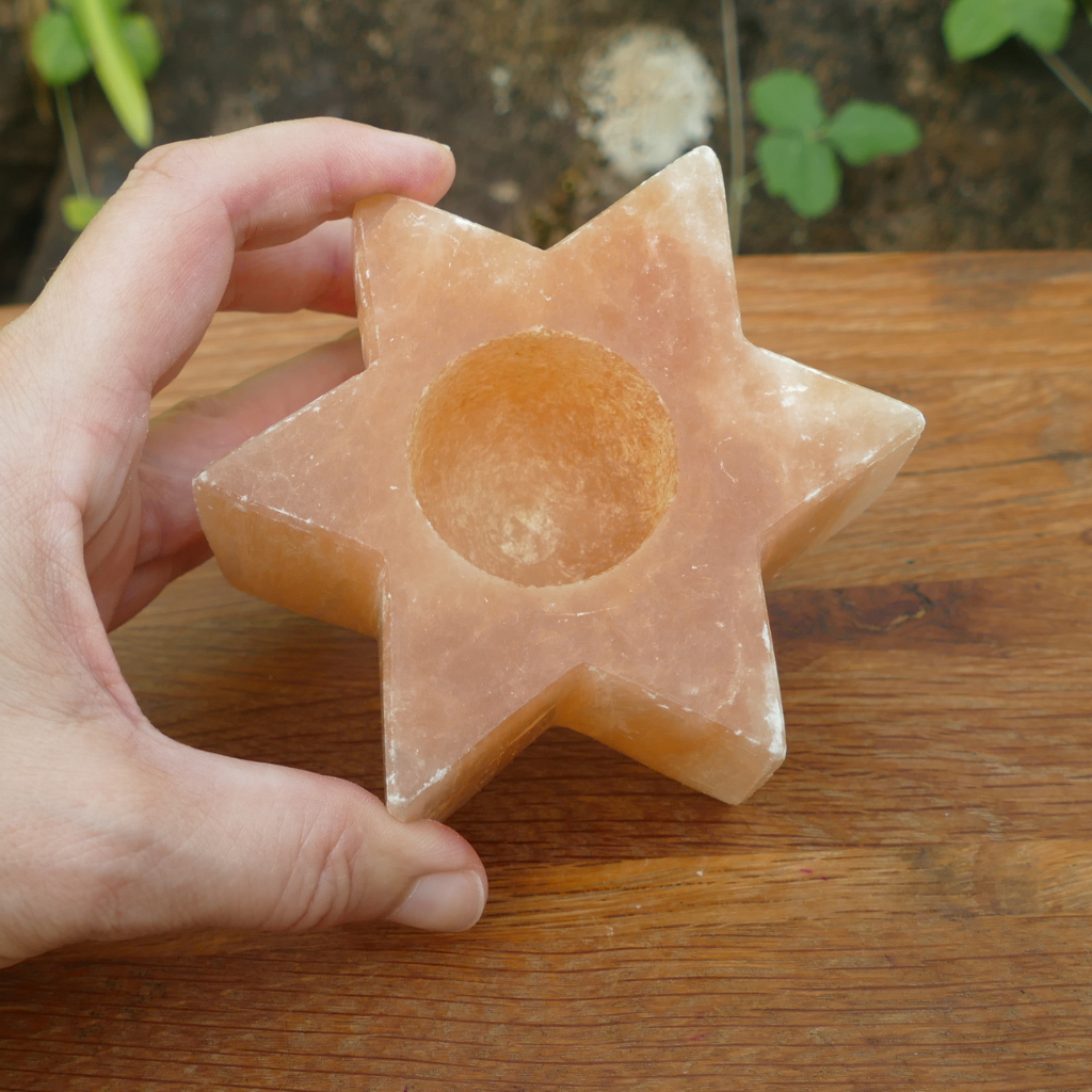 orange selenite star candle holder