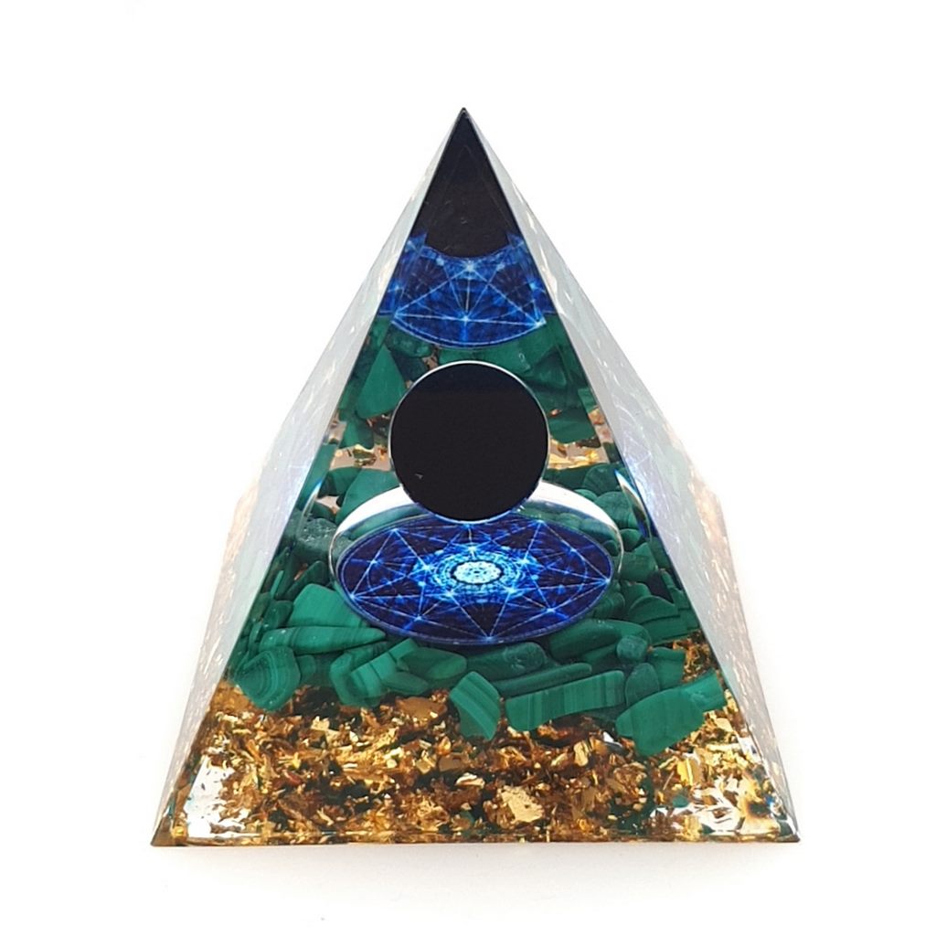 Orgone Pyramid with Malachite and Obsidian Sphere