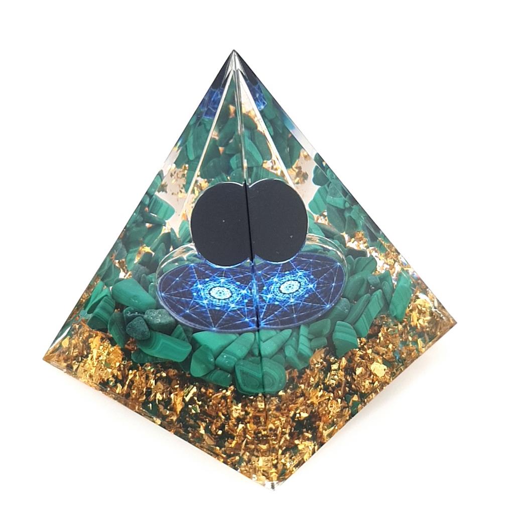 Orgone Pyramid with Malachite and Obsidian Sphere