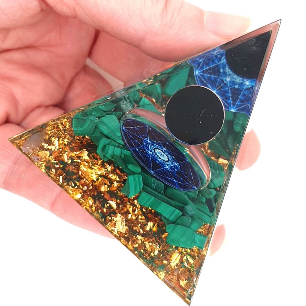 Orgone Pyramid with Malachite and Obsidian Sphere