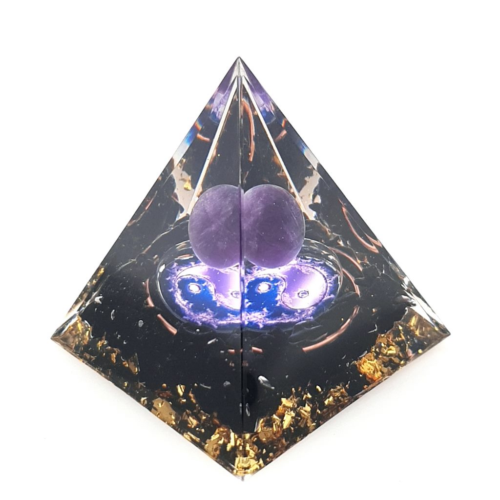Orgone Pyramid with Obsidian and Amethyst Sphere - Yin Yang