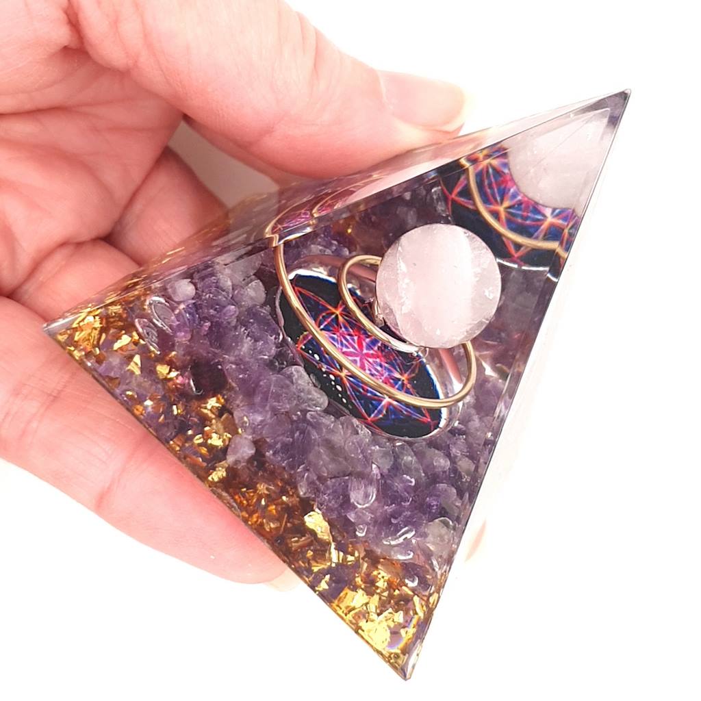 Orgonite Pyramid with Rose Quartz Sphere and Amethyst