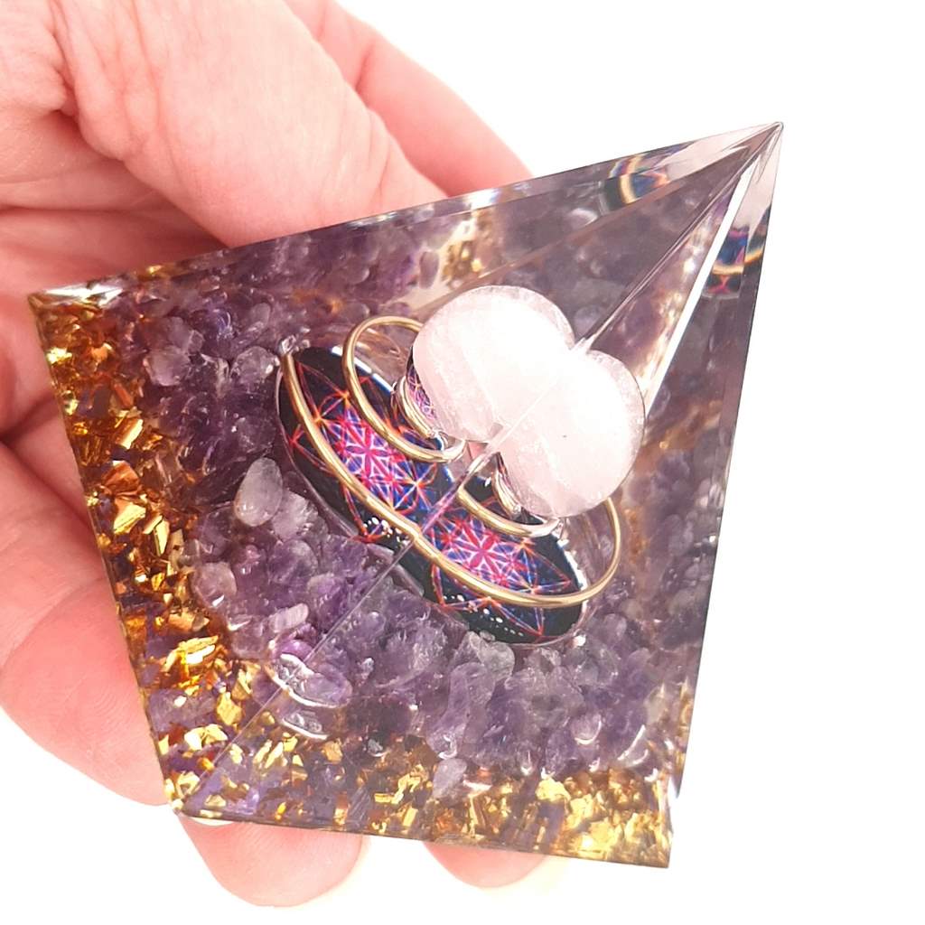 Orgonite Pyramid with Rose Quartz Sphere and Amethyst